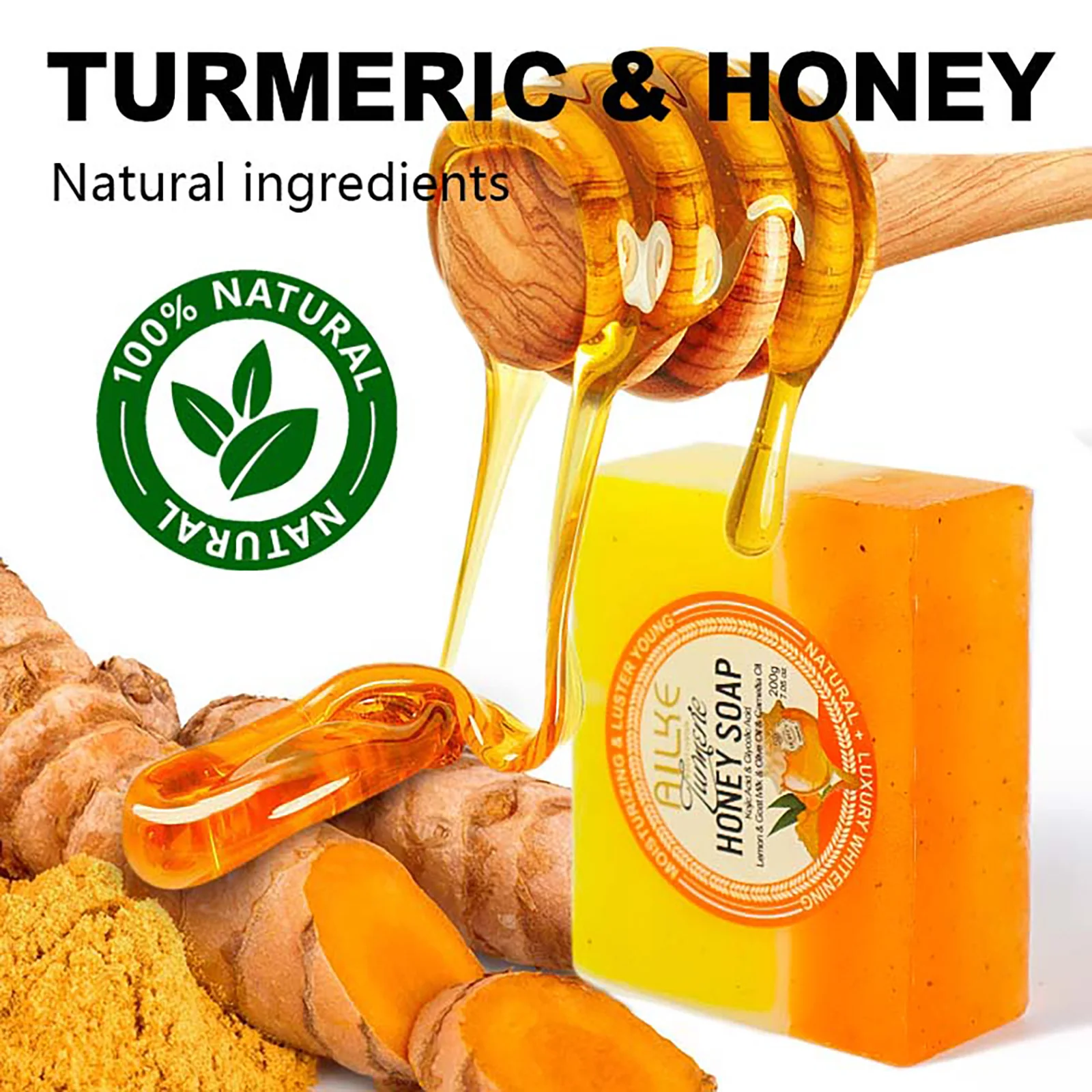 AILKE Natural Turmeric Honey Soap Bar, Whitening, Clean Skin, Remove Dark Spots, Stains, With Kojic Acid, Lemon, 200g/7 oz 2