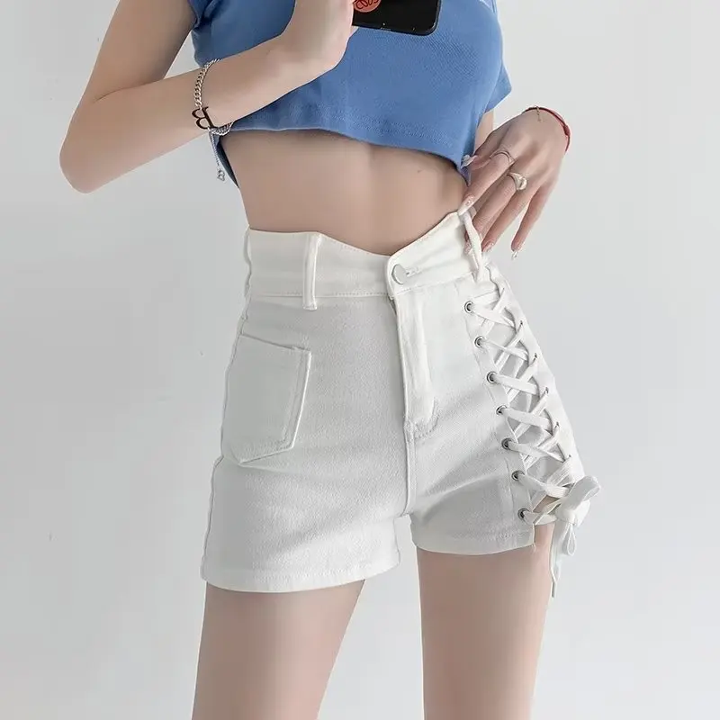 

Spice Girls Korean Casual Slim Stretch Denim Shorts Women Summer New Cross Bandage Ins Trendy High Waist A-line Female Hot Pants