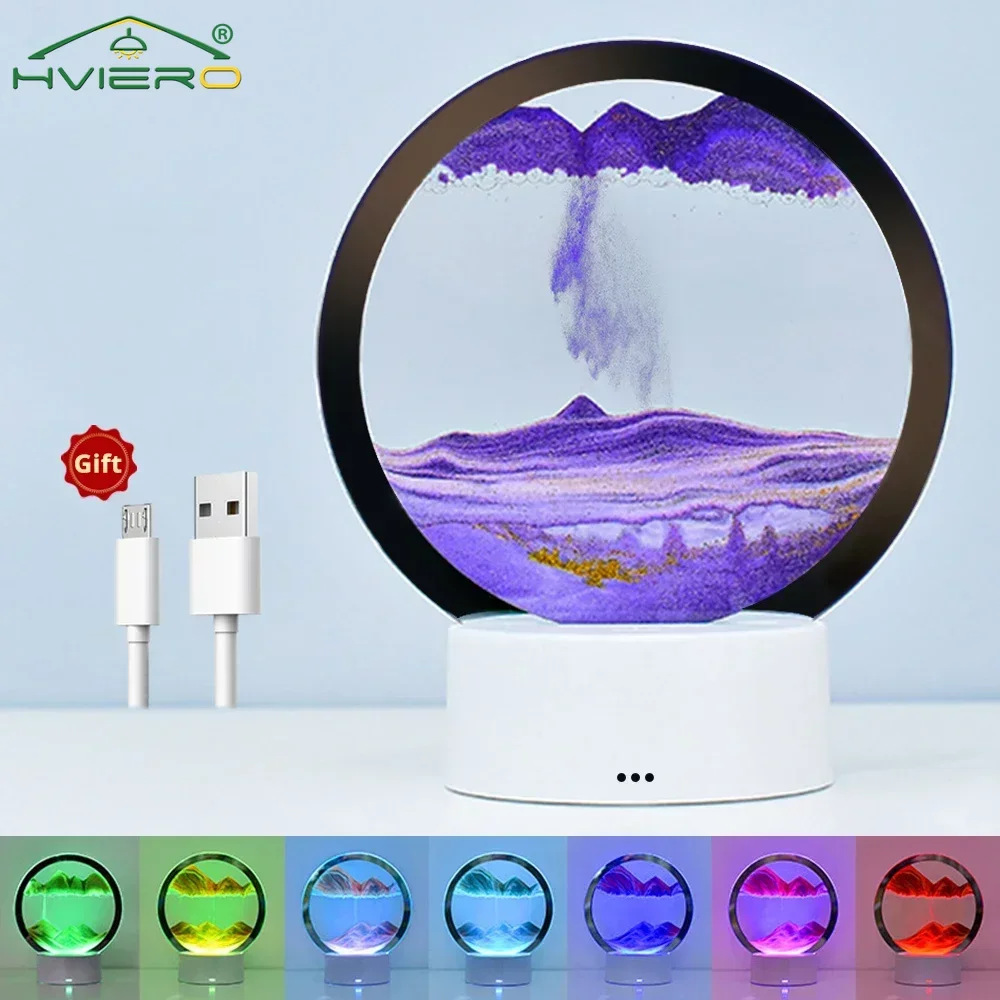 

LED Quicksand Light Painted 6-color Table Lamp 3D Trend Moving Art Circular Glass Hourglass Bedside Home Decoration Nightlight