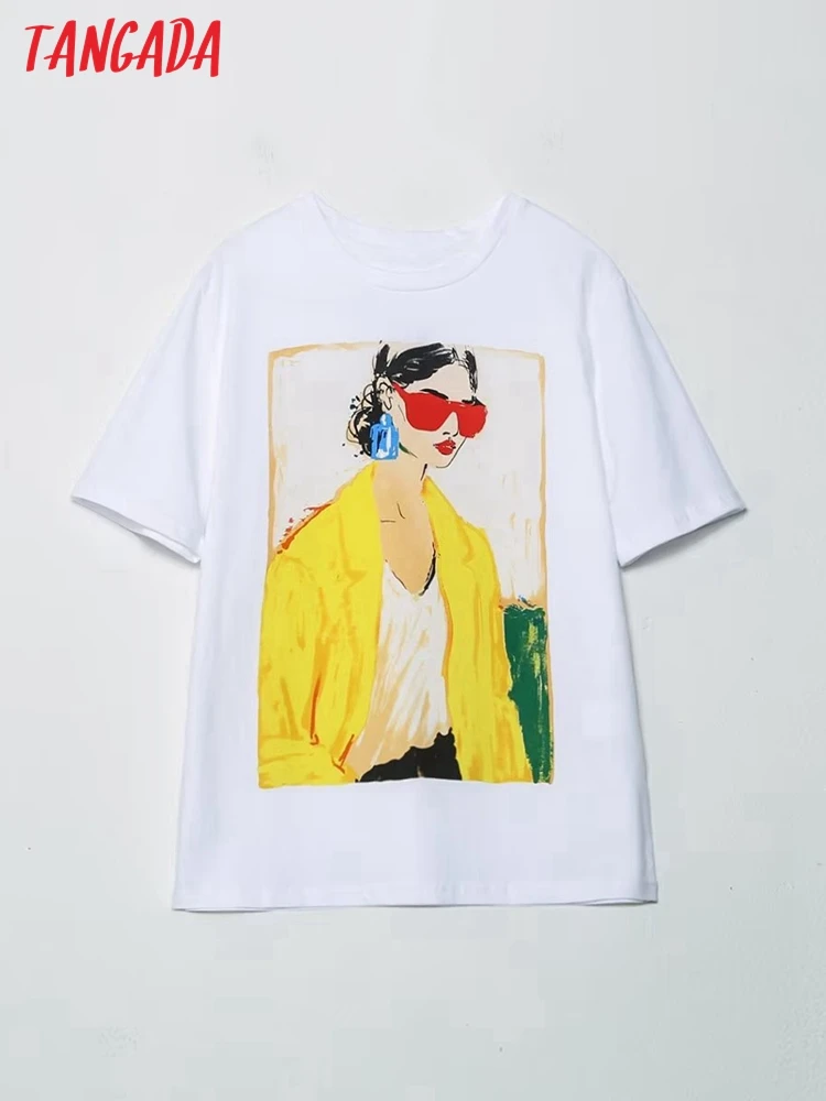 Tangada2022WomenYellowGirlPrintCottonTShirtShortSleeveTees