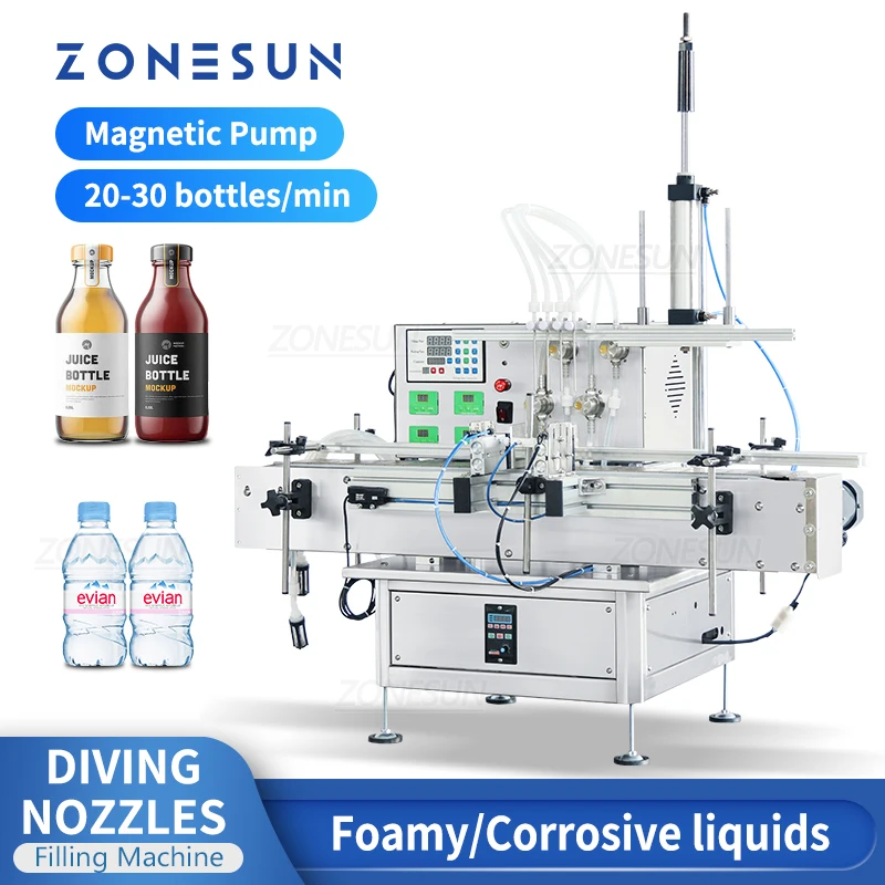 

ZONESUN ZS-DTMP4AL Desktop Diving Heads Automatic Liquid Oil Juice Bottle Filling Machine Magnetic Pump Filler Chain Conveyor