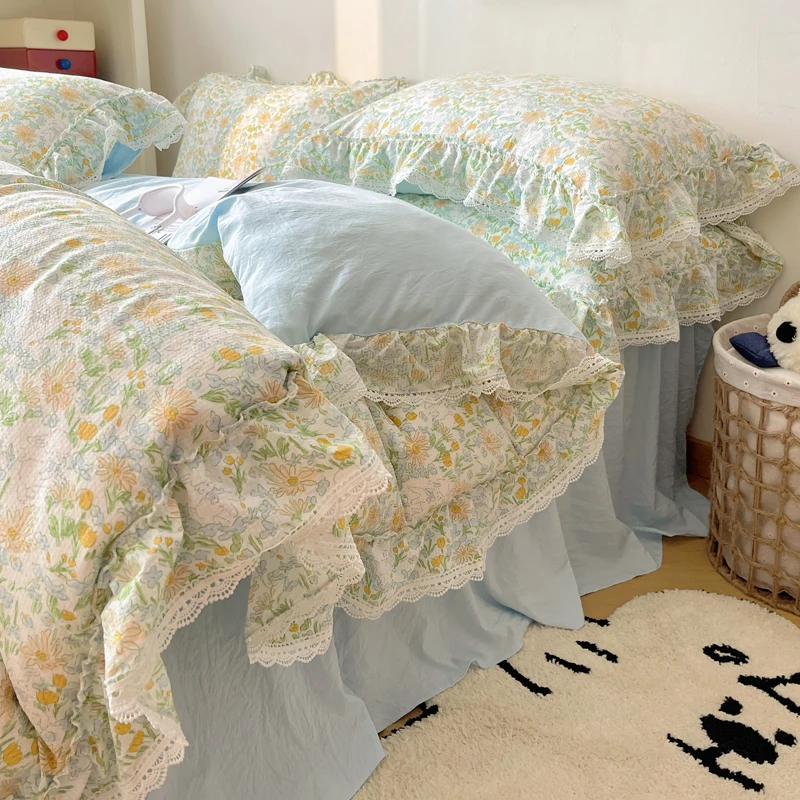 

Korean Floral Lace Ruffles Bedding Set Soft Skin Friendly 200X230cm Duvet Cover Set 1.5M/1.8M Bed Skirt Bedspread Pillowcases