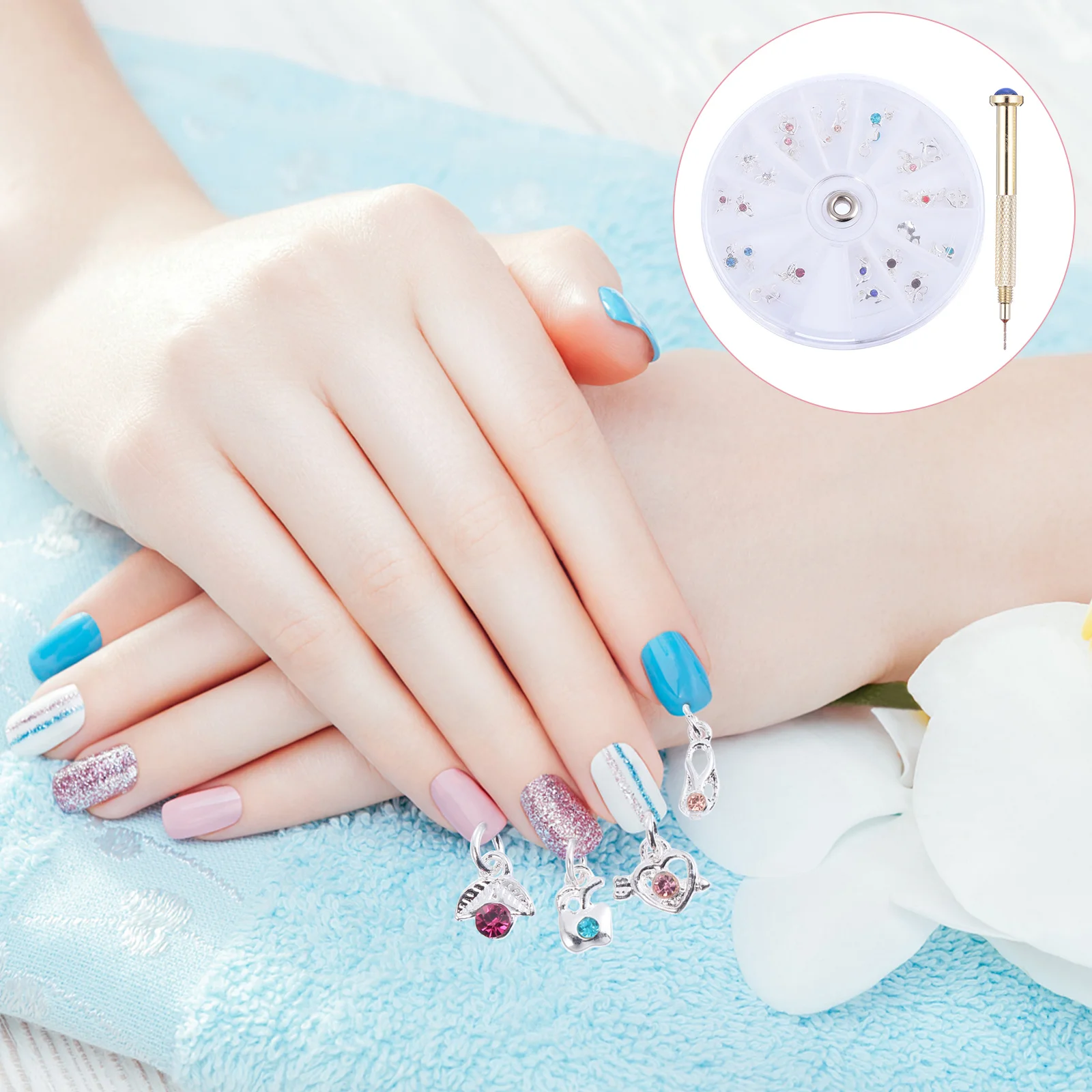 24Pcs Nail Pendants DIY Set with Dangle Nail Charm Piercing Tool Hand Drill nail charm nail pendant 4