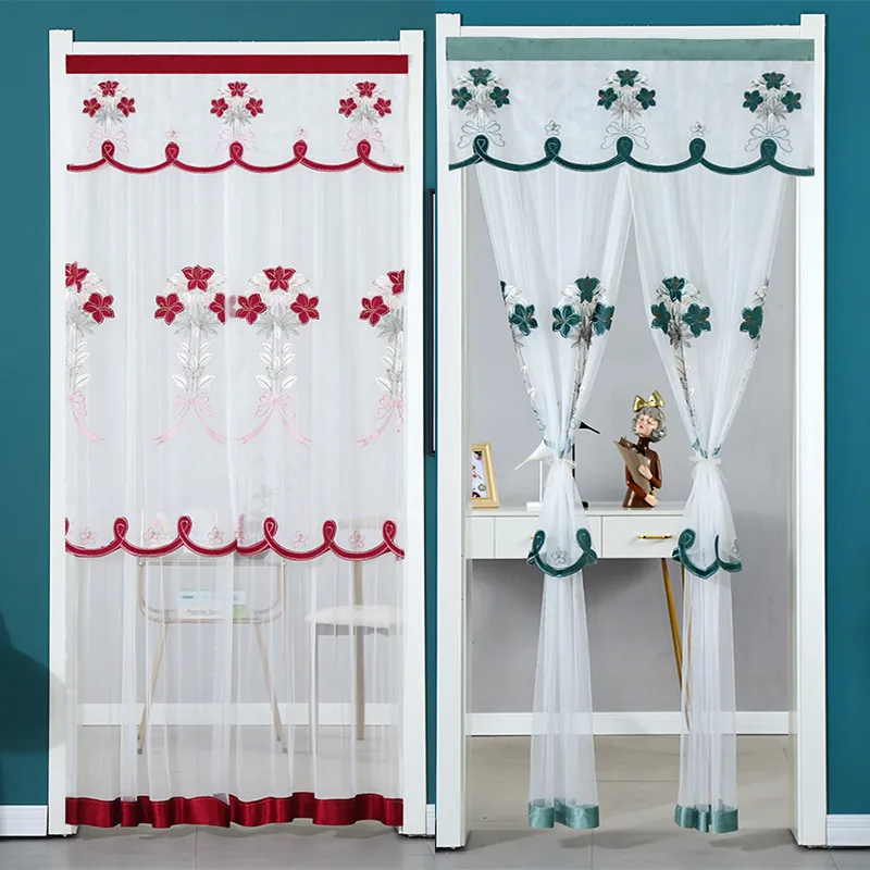 

Lace Lily Embroidered Door Curtain, Punch-free Mosquito Screen Curtain, Breathable Bedroom Partition Curtain, Double Layer