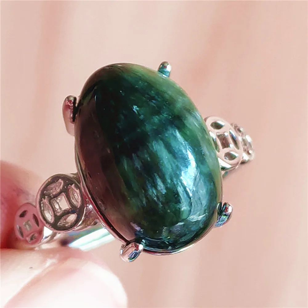 silver rings Natural Green Seraphinite Adjustable Size Ring Women Men Seraphinite Ring Clinochlore Oval Gemstone 925 Sterling Silver AAAAAA gucci ring