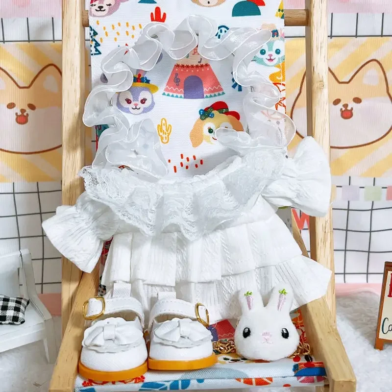 White pleated dress with lace headband 20cm set, 20cm baby clothes, star cotton doll dressing 5