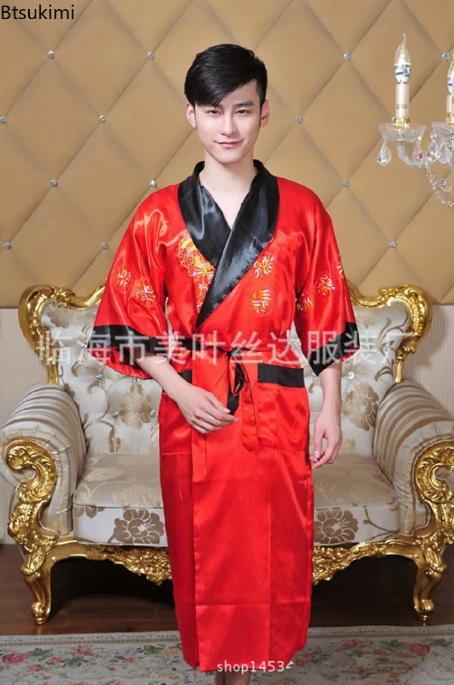 2024 New Couple Tang Suit Embroider Pajama Robes Men's Chinese Style Dragon Robe Home Clothes Men Satin Kimono Bathrobe One Size