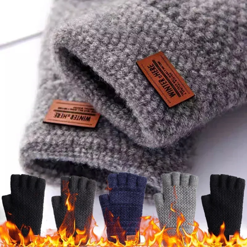 Fingerless Gloves for Men Half Finger Writting Office Knitted Wool Warm Outdoor Driving
