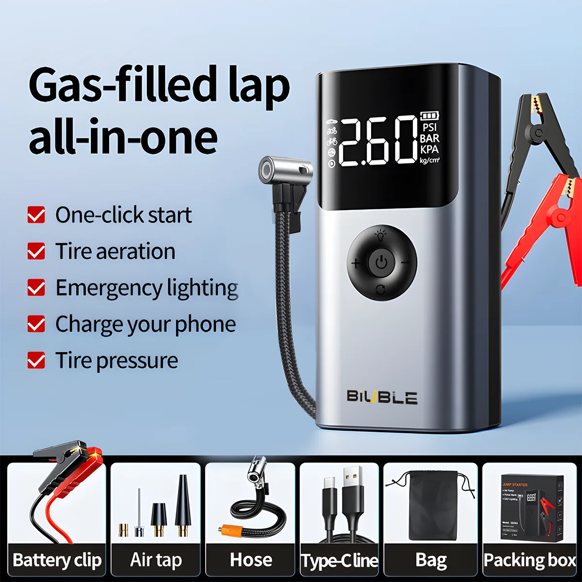 BIUBLE 2 in 1 Car Jump Starter Gas Filled 5000A Peak Aerate Quickly 12V with Fast Charging With LED Screen