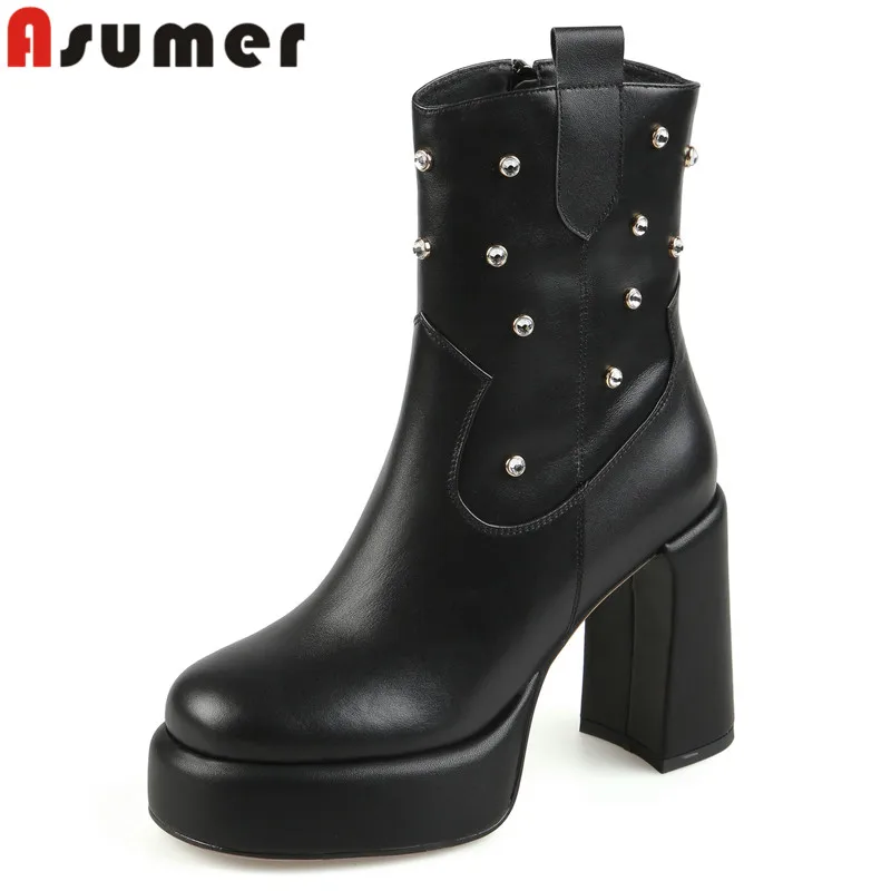 

ASUMER 2024 New Rhinestone Genuine Leather Mid Calf Boots Thick High Heels Boots Office Ladies Zipper Platform Autumn Boots