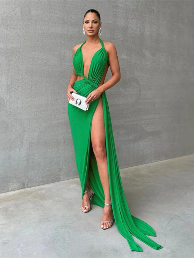 

Elegant Green Long Evening Dresses For Women 2023 Sexy Halter Split Maxi Dress Wedding Guest Party Festival Outfits