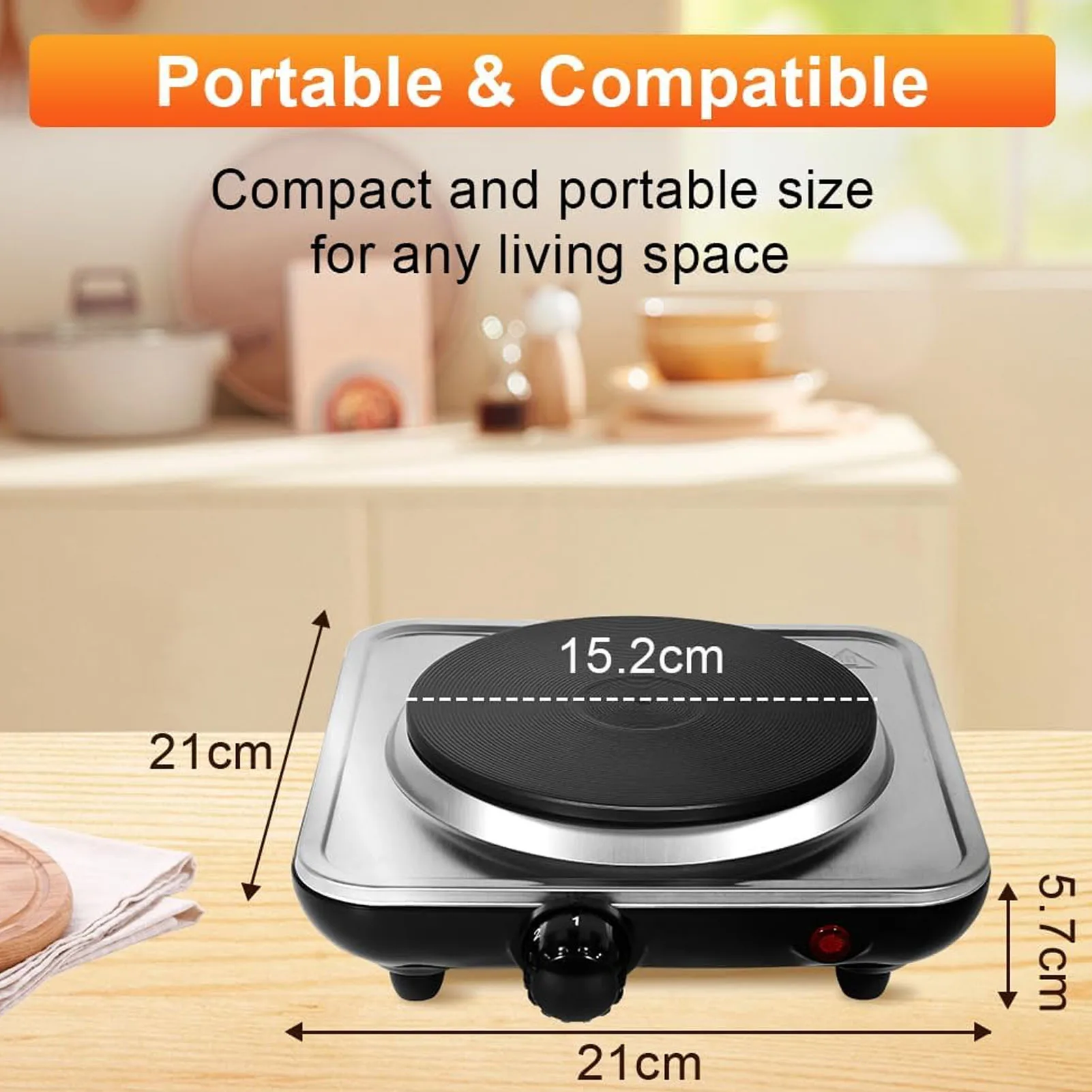 1000W Electric Countertop Single Burner 5 Level Temperature Control Hot Plate for Cooking Stainless Steel Base 220V 3