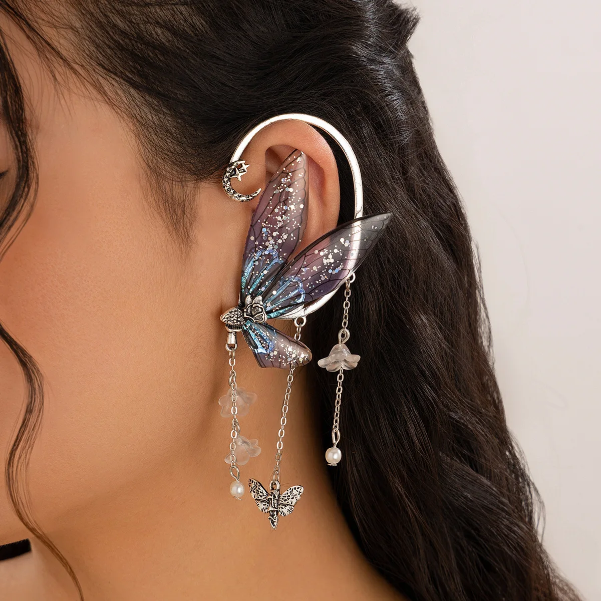 European Mori fairy ear tassel ear hanging earring Butterfly profile stud earrings ornaments wings clip