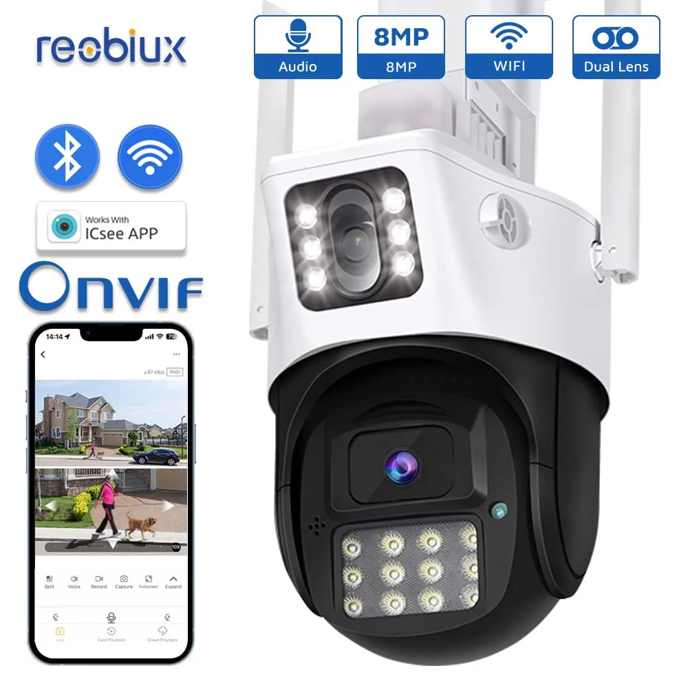 Telecamera Ptz Wifi Reobiux Telecamera Ip Cam A Doppio Schermo Da 8Mp Telecamera A Doppia Lente Di Sorveglianza Esterna Telecamera Zoom Digitale 4X Co