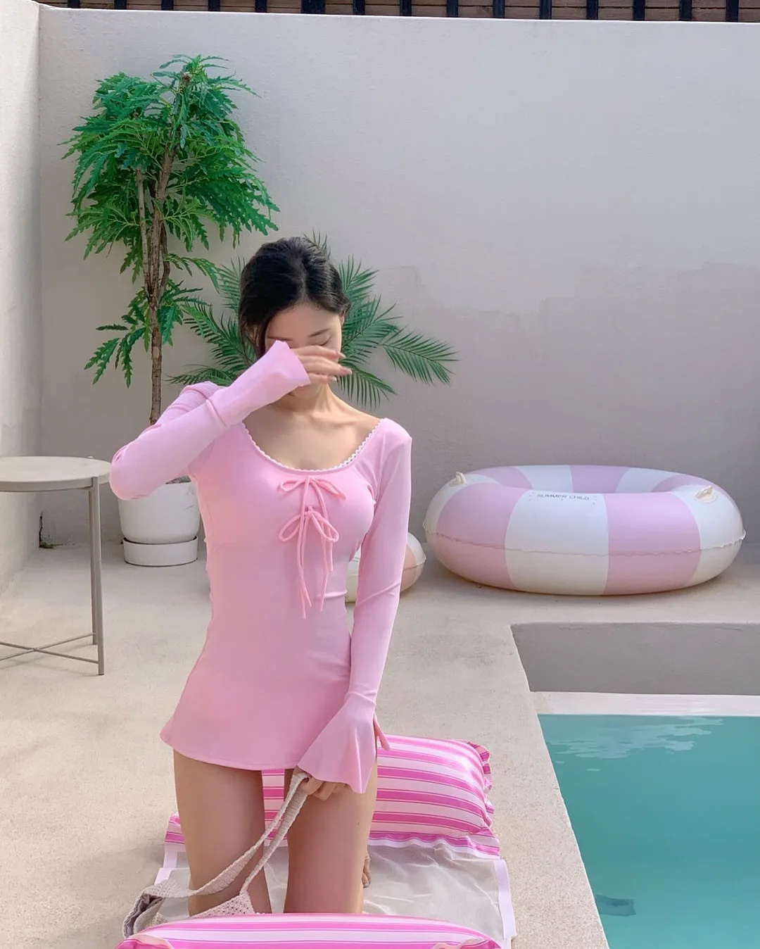 Conservative Skirt Style One Piece Swimsuit with Bell Sleeves Long Sleeve Thermal Vacation Swimming Costume Women's Swimwear