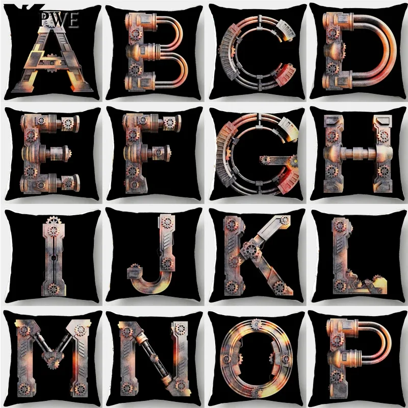 

45x45cm Nordic Creative Metal Mechanical Gear Pillowcase Simple Black Cushion Cover Custom 26 English Letter Sofa Pillowslip