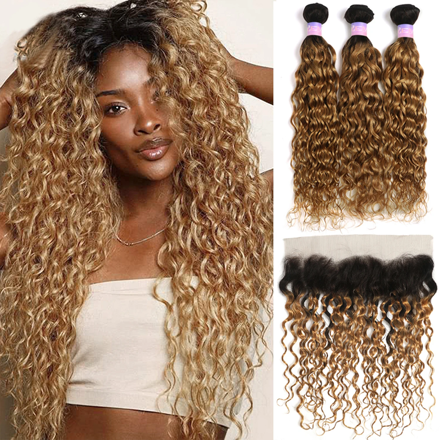 Water Wave Bundles With Frontal 13x4 Ombre Blonde Colored Hair 3 Bundles With Closure Brazilian Remy Human Hair Extensions