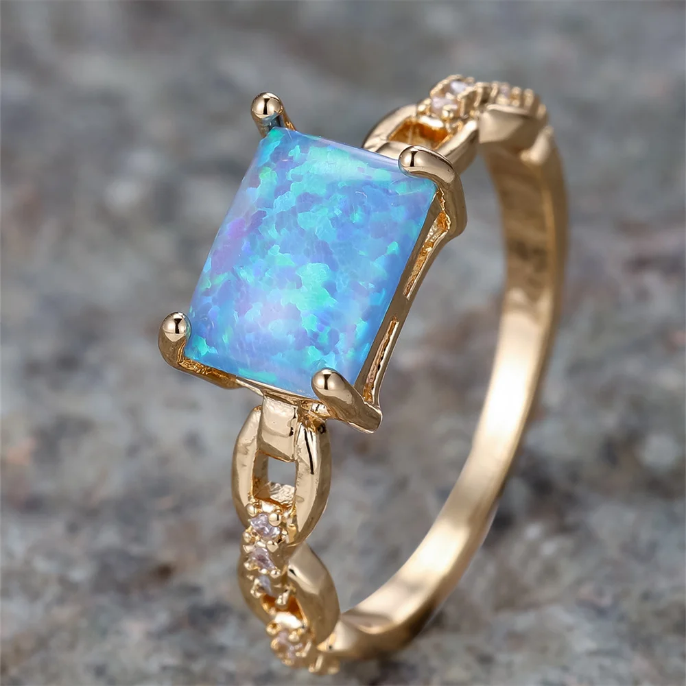 Square Stone Blue Fire Opal Engagement Rings For Women Vintage Gold Color White Zircon Wedding Band Birthstone Jewelry Gift