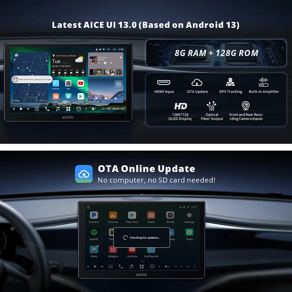 10インチ Android 13 シングル1DINカーステレオ 8G+128G Bluetooth