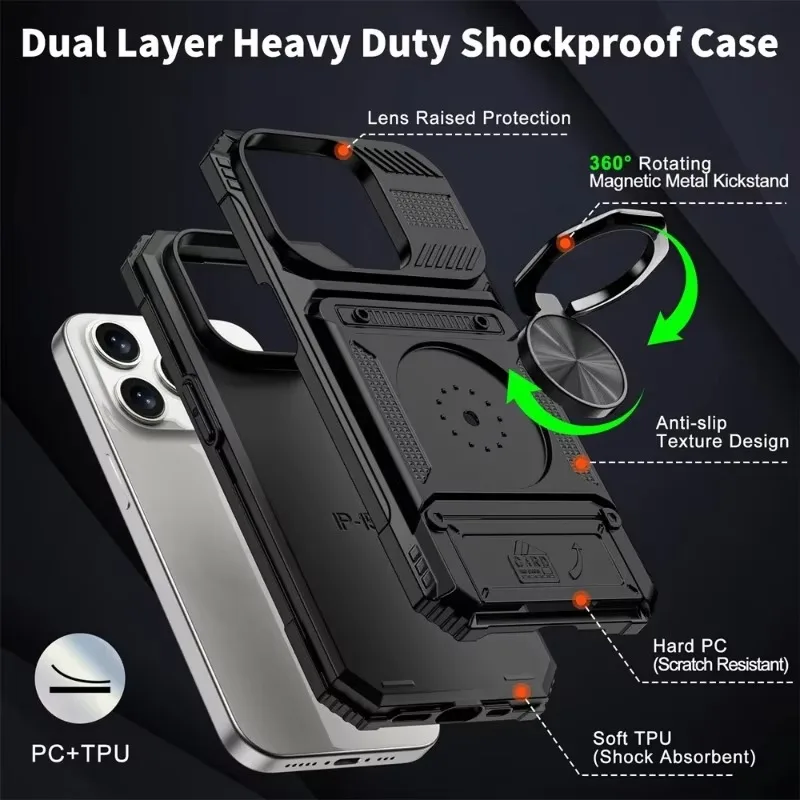 iPhone 16 15 14 13 11 Pro Max dėklas su magnetiniu pasukamu žiedu, tvirtas, apsaugantis nuo kritimų, piniginės dangtelis, karinės kokybės_voghion.com