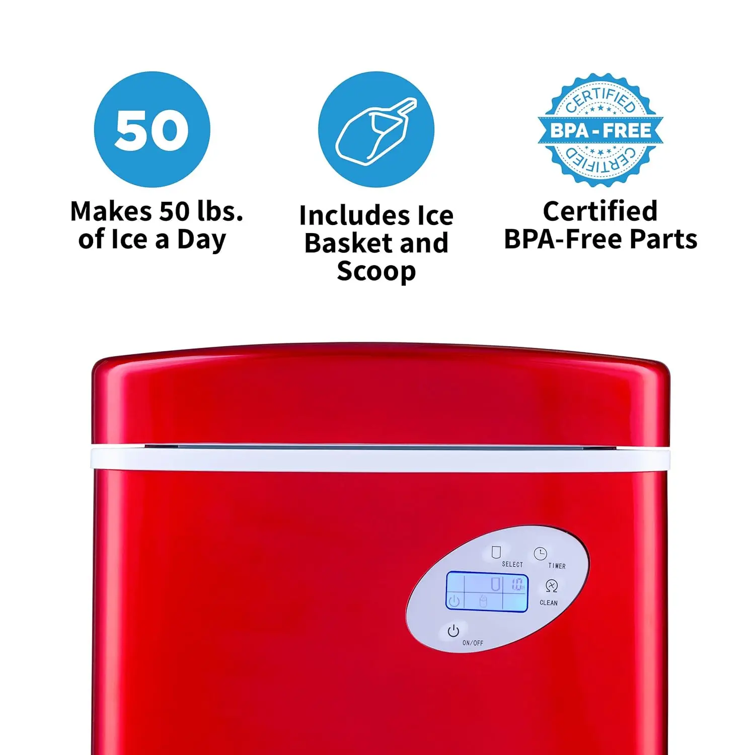 Portable Ice Maker 50 lb. Daily | Red | 3 Size Bullet Shaped Ice | First Batch Under 10 Minutes | Self Cleaning Quiet Operation 5