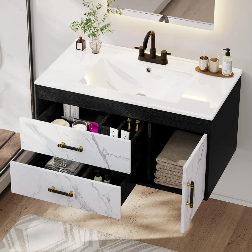 36 Inch Floating Bathroom Vanity with Sink, Wall Mounted Bathroom Vanity, 2 Drawers and Soft Close System Cabinet 3