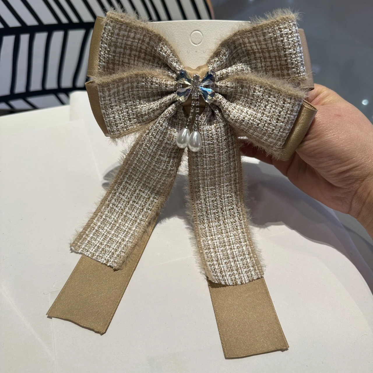 Korean Hair Accessories High-end Feel Checkered Fabric Spring Clip Plush Bow