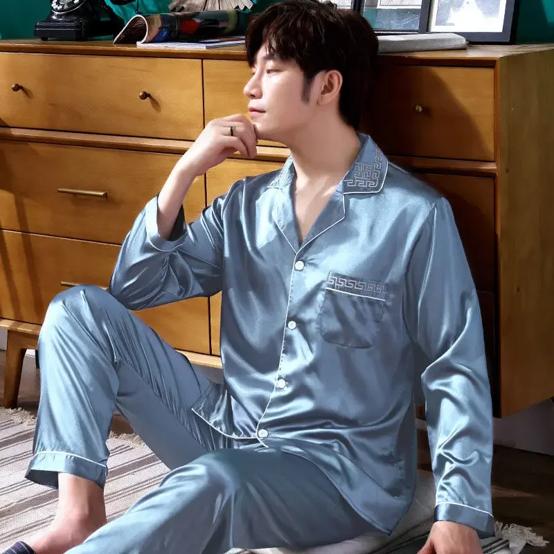 2024 New Spring Autumn Men Long Sleeve Pajama Set Thin Plus Size Middle-aged Ice Silk Cardigan Loungewear Loose V-neck Homewear