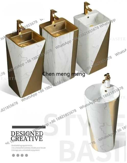 อ่างล้างหน้าทรงกลมสีทองดำพร้อมขาตั้ง อ่างเซรามิกสำหรับห้องน้ำ 4