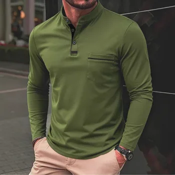 Polo da uomo a maniche lunghe con colletto alla coreana, in tessuto morbido, con taschino, casual, per la primavera e l'uso quotidiano