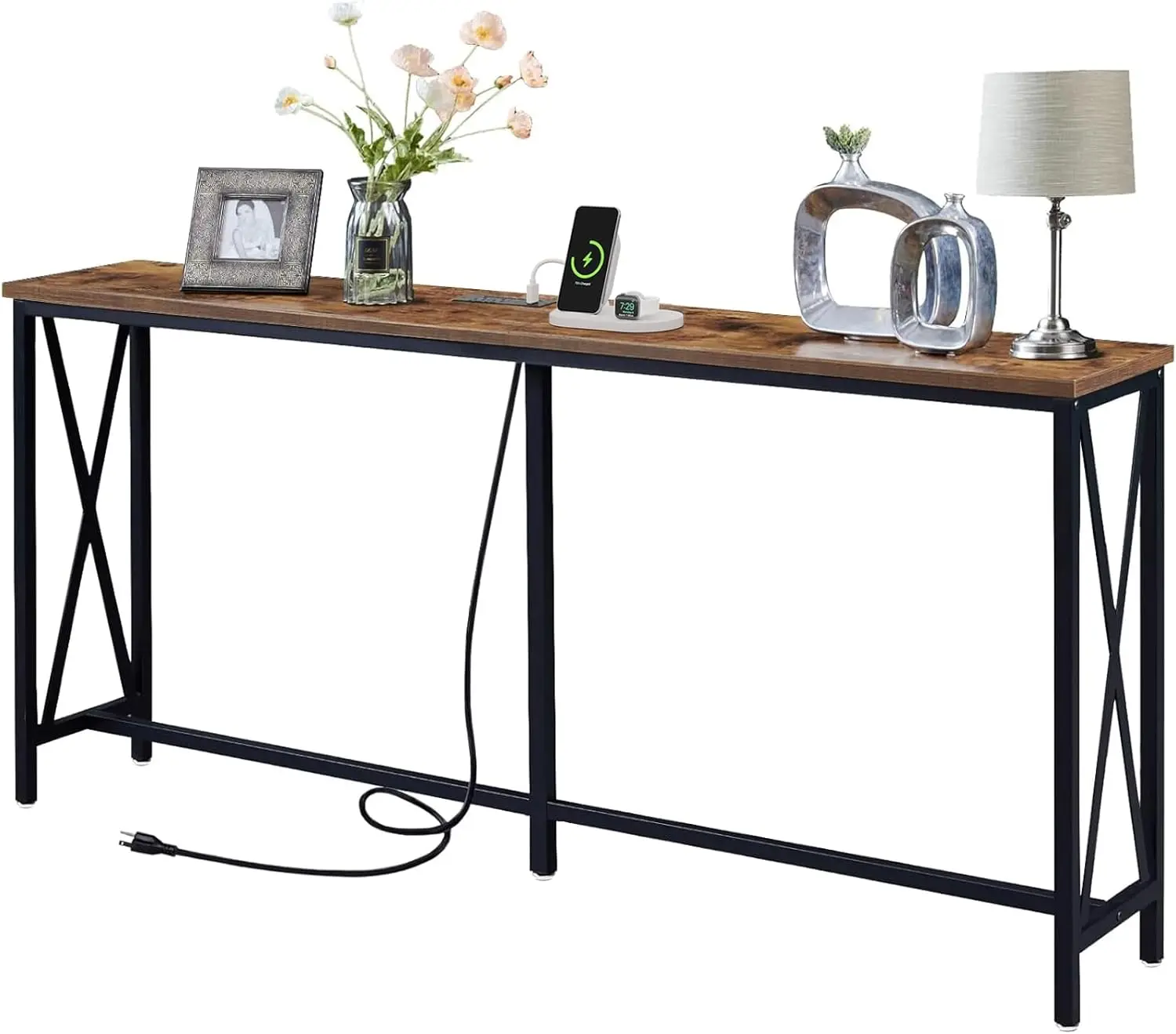 70 Inch Console Table with Outlet Extra Long Entryway Table with Metal Frame and X-Shaped Design Narrow Sofa for Living