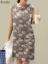 ZANZEA Summer Bohemian Sundress Fashion Printed Robe Women Causal Knee Length Dress O Neck Floral Dresses Holiday Tanks Vestidos