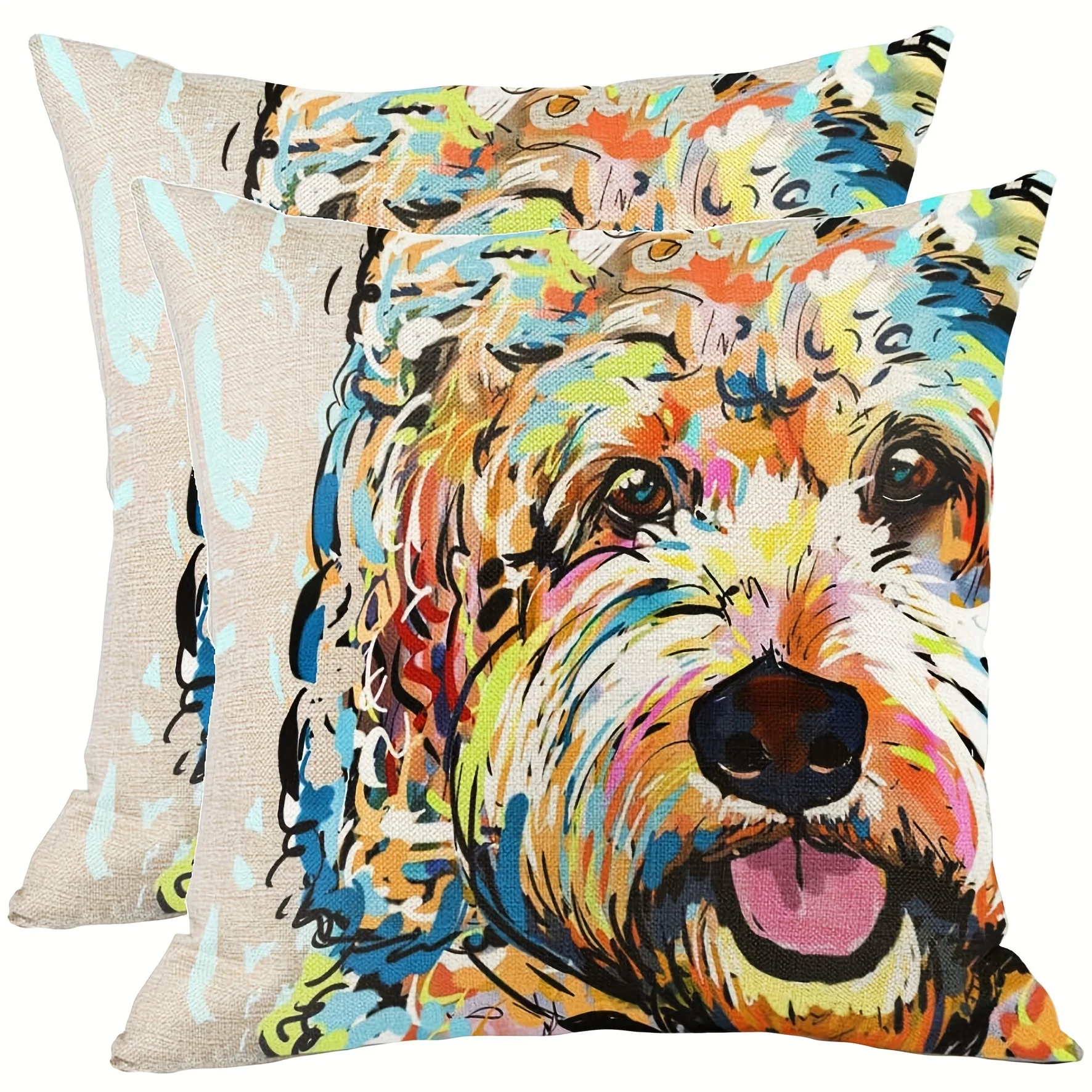

2pcs Cute Pet Goldendoodle Frise Dog Pattern Throw Pillow Covers Linen 18x18in Cushion Cases Pillowcases Sofa Home Decor