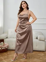 Plus Size Women's Sleeveless Criss Cross Backless Side Split Strappy Party Maxi Dresses Satin Sling Cowl Neck Solid Cami Robe 3