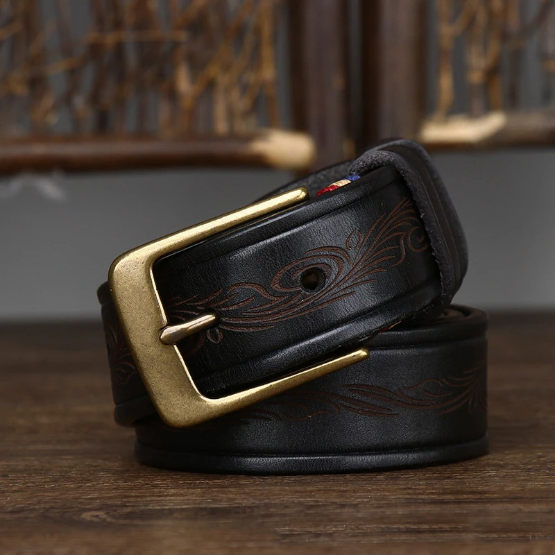 남성용 구리 핀 버클 벨트, 고급  가죽 벨트, 청바지, 캐주얼 오리지널 소가죽 허리띠, 청소년 수제, 3.5cm 너비