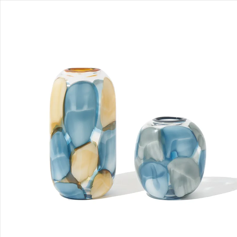 Blue Glass Vase Graded Marble Grain Flower Vase Flower Pot Floral Arrangement Terrarium Home Decoration Accessories 6