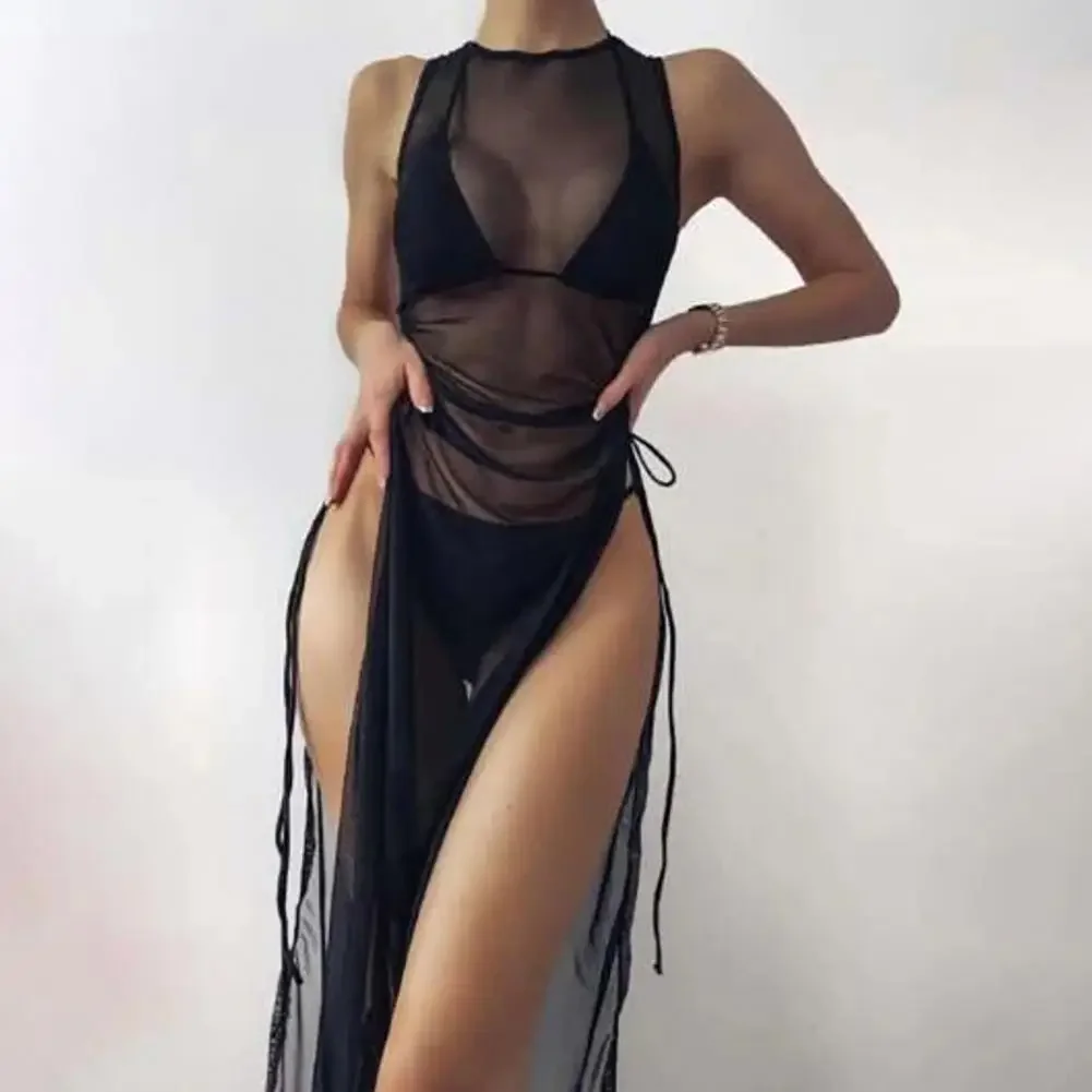 O-neck Side High Split Shirring Cover Up Dress Women Mesh Transparent Sleeveless Sunscreen Dress For Vacation 3