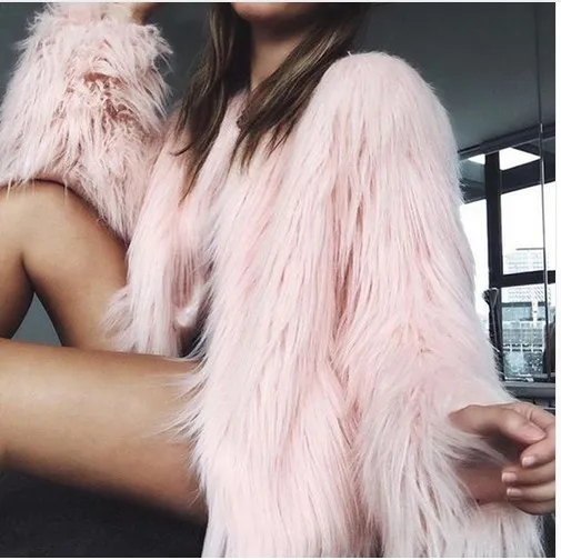 

Autumn Winter Furry Faux Fur Coat Women Fluffy Warm Long Sleeve Female Outerwear Coat Jacket Hairy Collarless Overcoat