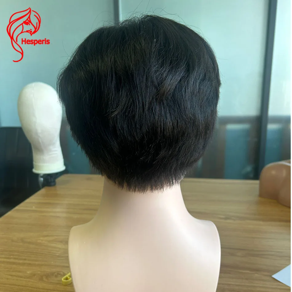 Hesperis Men's Wigs Short Sideburns Cut Straight Human Hair Full Lace Wig for Men Short Pixie Cut Middle Part Human Hair