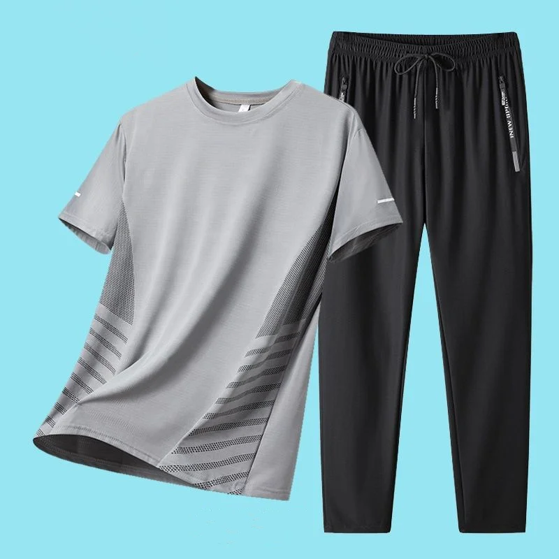 Fashion high-end elastic ice silk short-sleeved T-shirt trousers two-piece men's and women's summer new thin fitness jogging set