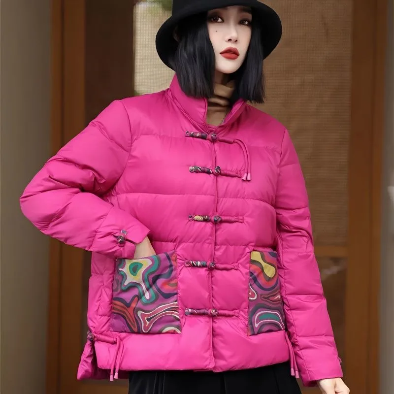 2023 Winter New Style Vintage Down Coat Female Stand Collar Short Cross Buckled Ethnic White Duck Down Jacket warm coat winter new down jacket female korean version of the stand up collar waist white duck down was thin short casual jacket