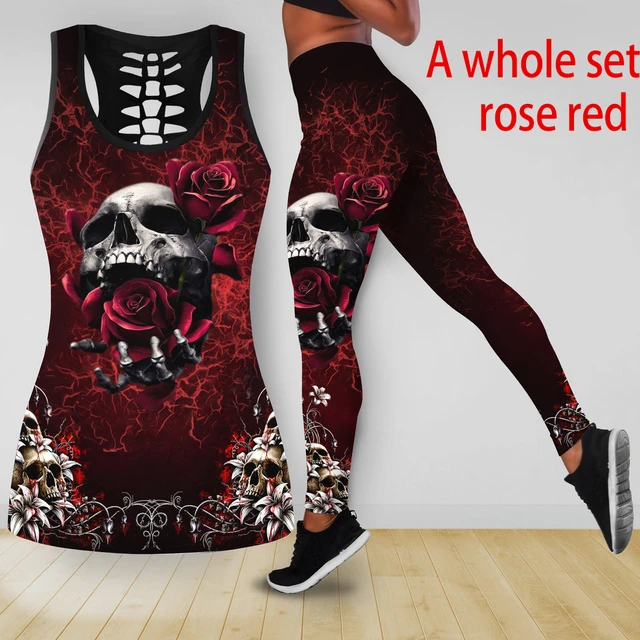 Skull And Beauty Red Rose Hollow Tank Top And Legging 3D Art Legging +  Hollow Tank Combo Leggings Yoga Pants - AliExpress