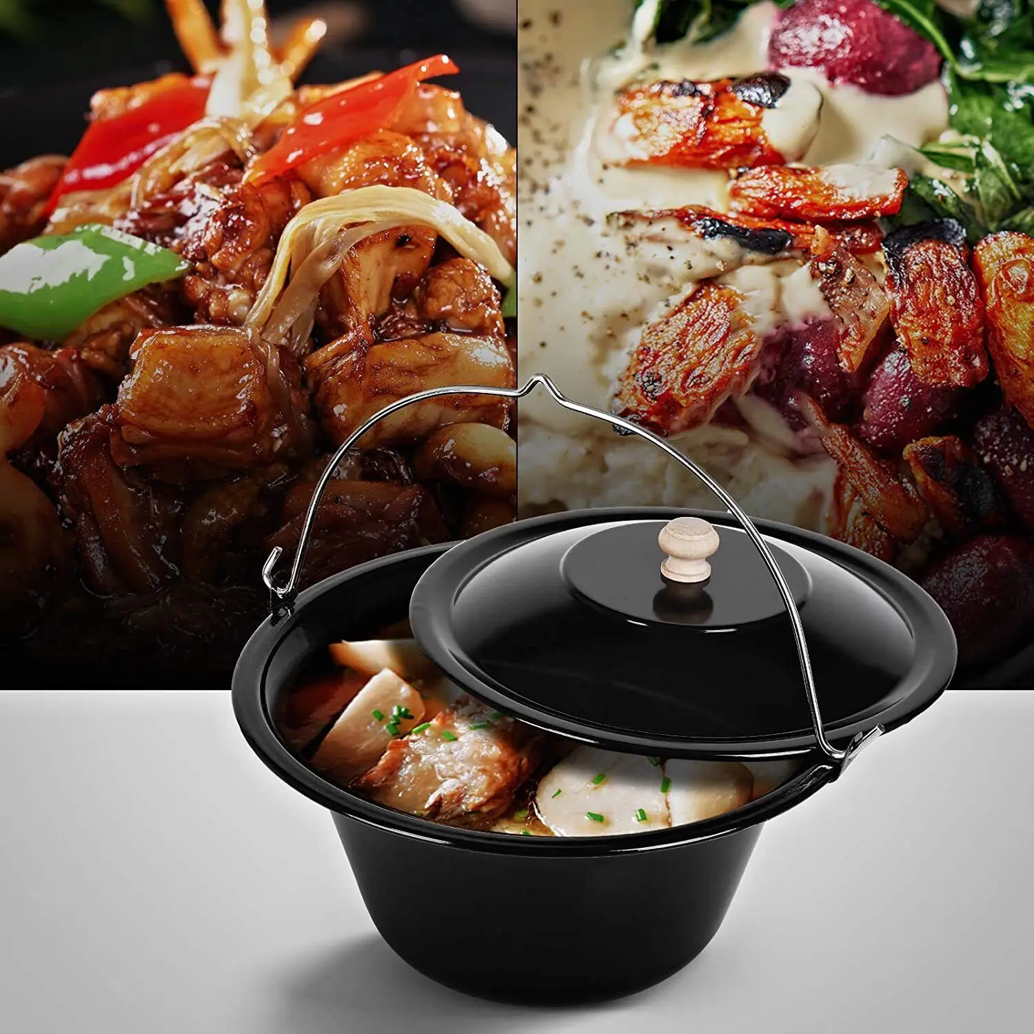 Couvercle émaillé Pour Marmite Hongroise 16L - Noir Avec Poignée En Bois - Pour Cuisine En Plein Air, Goulasch, Chaudron