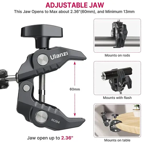 Ulanzi R094 Metal Super Clamp with Double Ball Head Magic Arm Clamp with 1/4" 3/8" Hole for DSLR Camera Monitor Light Mic Mount - Image 4