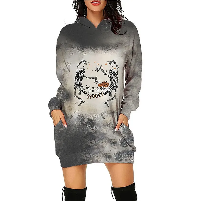 2023 Women's American Vintage Hoodie Halloween Loose Fit Long Hoodie Sweater Sexy Gothic 3D Versatile Simple Dress