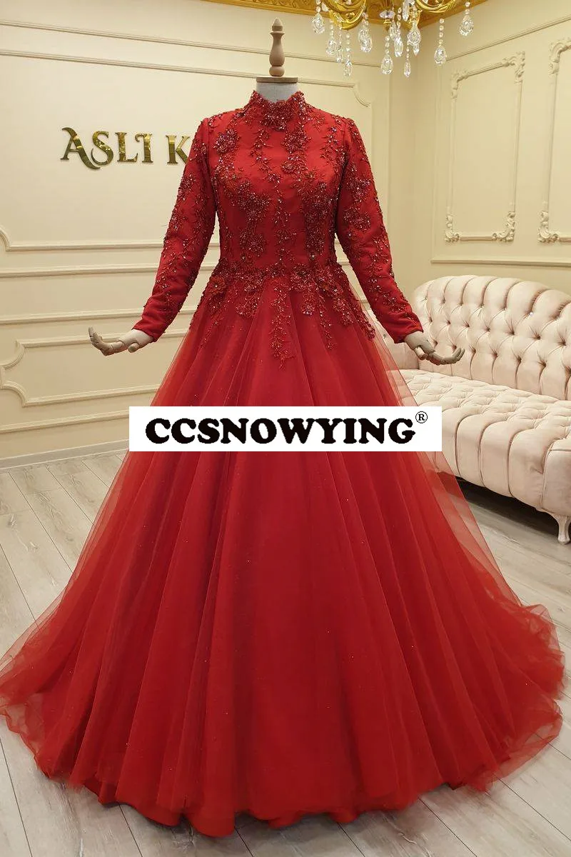 

Red Tulle Appliques Muslim Evening Dresses Long Sleeve Islamic Formal Party Ball Gown High Neck Arabic Dubai Robe De Soiree
