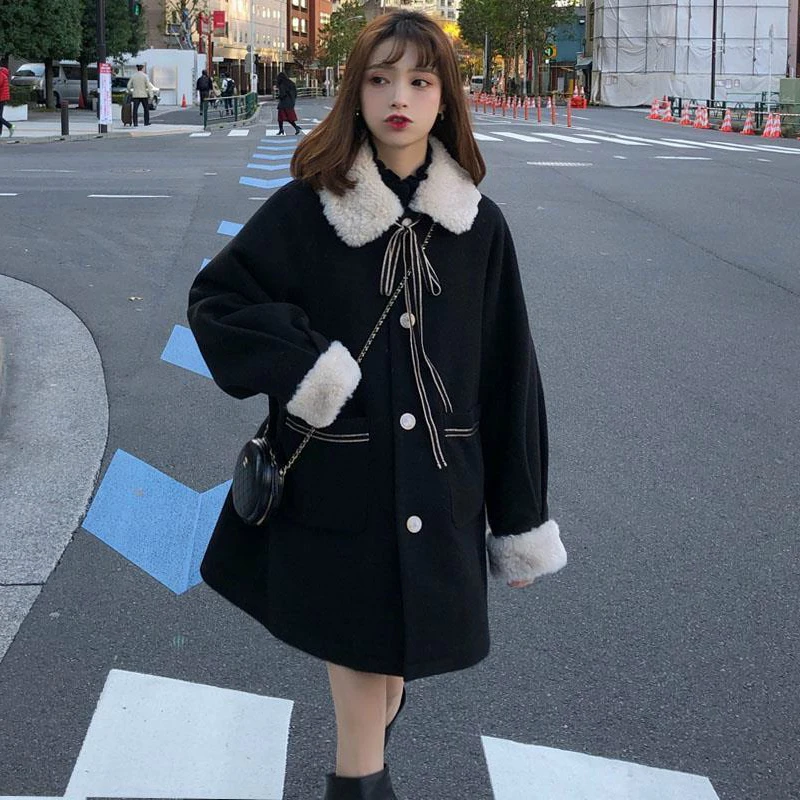 Women's Winter New Fashion Sweet and Cute New 2024 Wool Blended Jacket Bowknot Fur Collar Warm Thickening Long Sleeve Women 2020 winter thickening wool gloves knitted flip fingerless flexible exposed finger thick gloves mittens men women warm glove