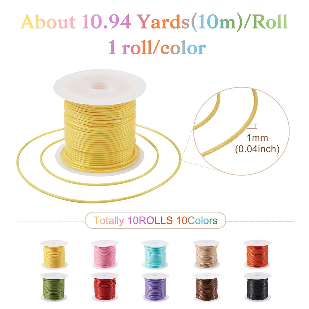 10 Rolls About 10m/roll Waxed Polyester Cord 1mm Round Jewelry Cord for Braid Beading Bracelet Necklace DIY Findings
