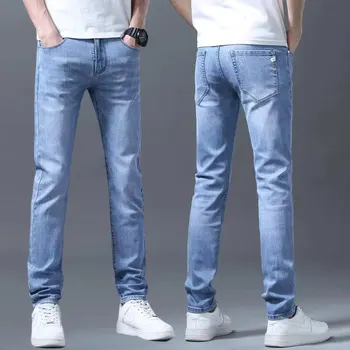 2024 Spring Summer New Men's Fashion Small Foot Skinny Jeans Stretch Straight Soft Simple Casual Slim Denim Trousers Male