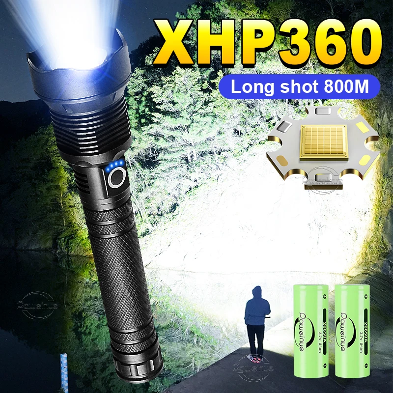 3800LM XHP360 LED 충전식 손전등 18650 USB 고전력 LED 손전등 줌 토치 IPX5 전술 랜턴 캠핑 핸드 램프